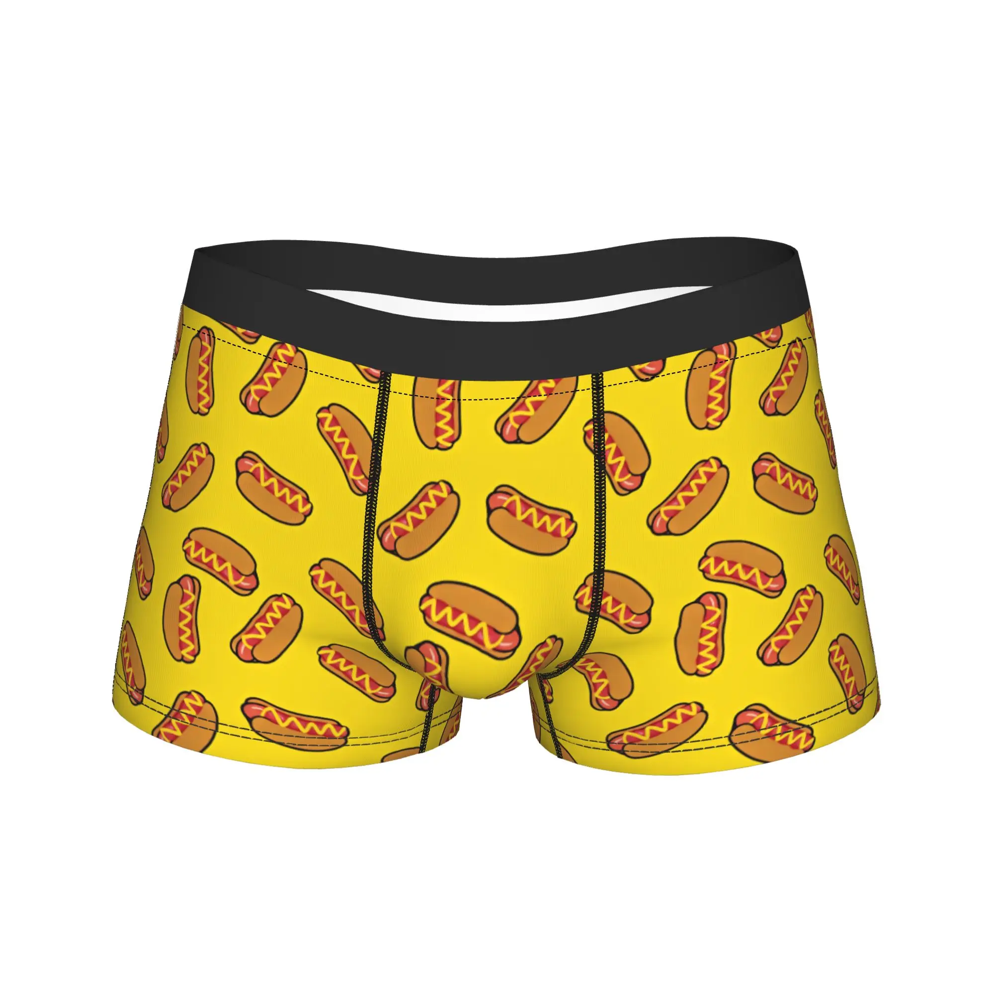 Yellow Background Hot Dog Seamless Repeat Pattern Underwear  Novelty Underpants Custom Boxer Brief For Males Pouch  Boxershorts