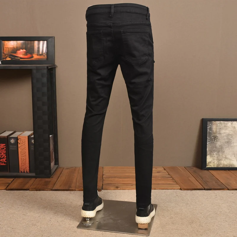 Jean skinny noir pour homme, pantalon en denim épissé, coupe crayon, mode de rue, créateur de motard, Hip Hop patché, zones bre