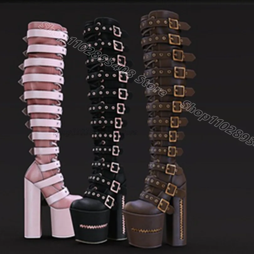 

Pink Belt Buckle Platform Boots Round Toe Chunky Heels Punk Style Spring New Fashion Casual Women Boots 2024 Zapatos Para Mujere