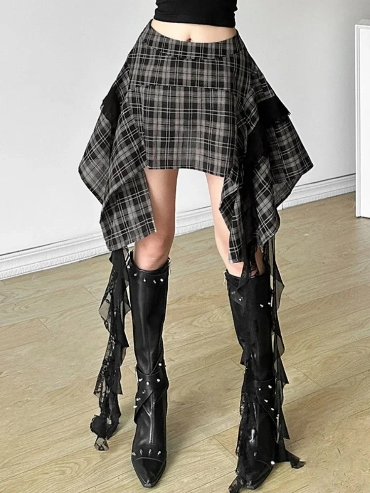 

Plaid Skirts For Women Streetwear Asymmetrical Conjuntos De Falda Long Tassels Jupe Femme Y2k Clothes Evening Dresses Skort