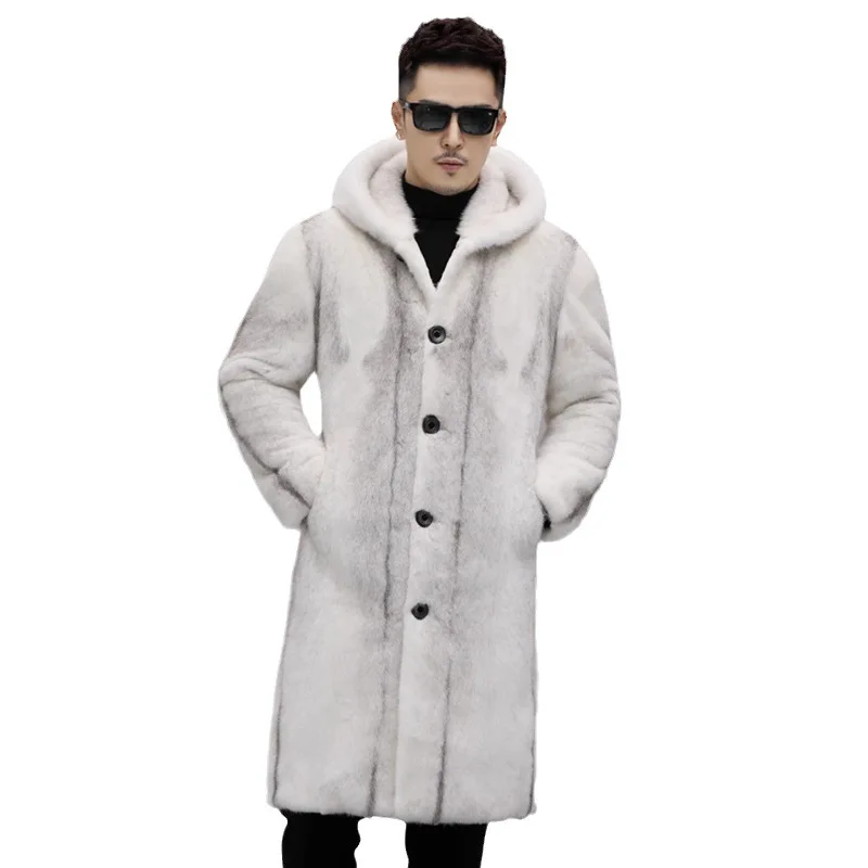 High Quality Winter Warm Faux Fur Coat Men Hooded Thick Mid-length Fur Coat Jacket Plus Size Brand Single-breasted Men Clothing