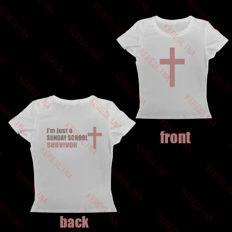 cute Double Sided Printed Women's T-Shirt Punk Cross Retro Y2K American Style Sexy Crop Top Hip Hop Emo Girl Harajuku Streetwear