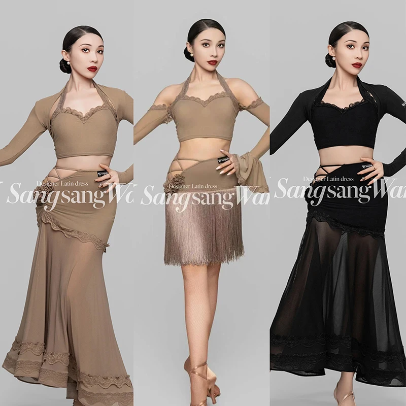 

Ballroom Latin Dance Clothes Women Lace Tops Fringe Skirt Adult Cha Cha Waltz Dance Performance Costume Prom Dance Dress NV19481