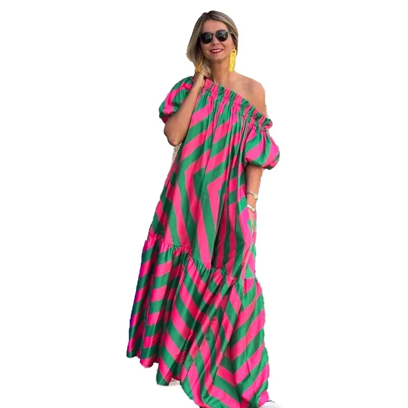 Wsfec L-3XL Plus Size Dresses for Women Clothing Short Sleeve Slash Neck Stripe Pleated Loose Sexy Summer Casual Long Dress