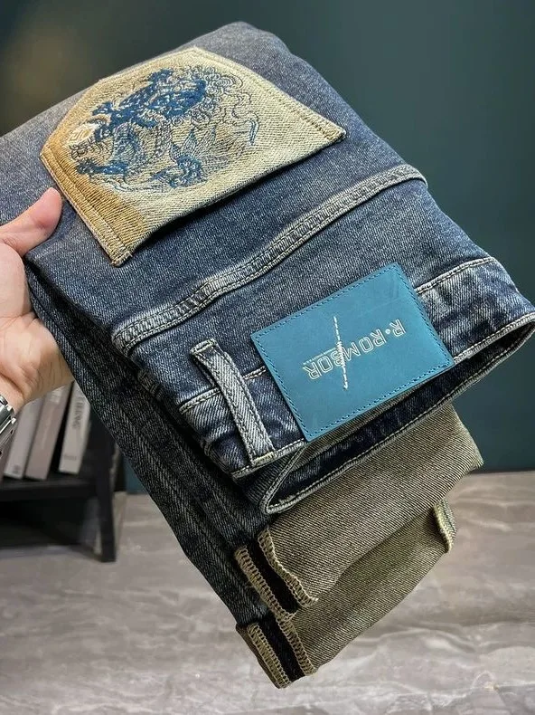 

Men's Slim Fit Jeans mid Waist hine Embroidery Thi Sle Casual Wear Resistant Stretch Denim Pants Autumn Faion Trend