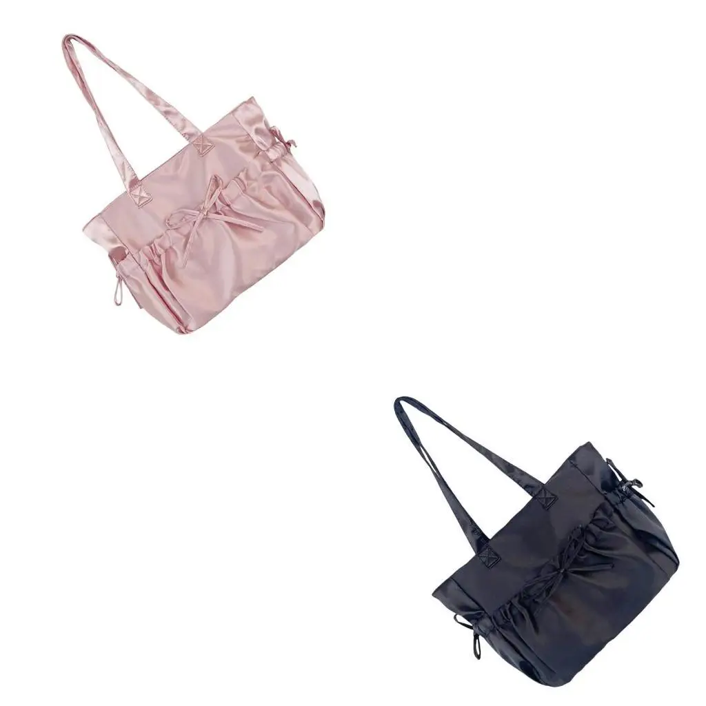 

D46D Women School Girl Pleated Bowknot Shoulder Bag Solid Color Nylon Handbag Fashion Large Capacity Student School Bag