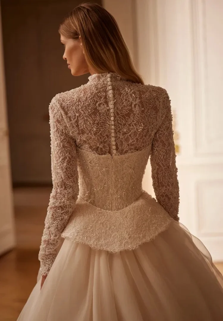 Abiti da sposa in pizzo Abito da ballo per la sposa Abiti 2 in 1 Desmontabile Boda Manica lunga Lusso 2025 De Novia Princesa Alta Costura
