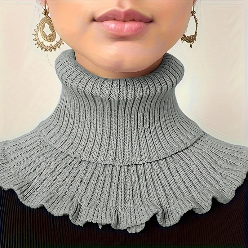 Fashionable Black And White Knitted False Neck Scarf - Soft, Thick, And Warm, With Elegant Ruffle Edge Design For Women