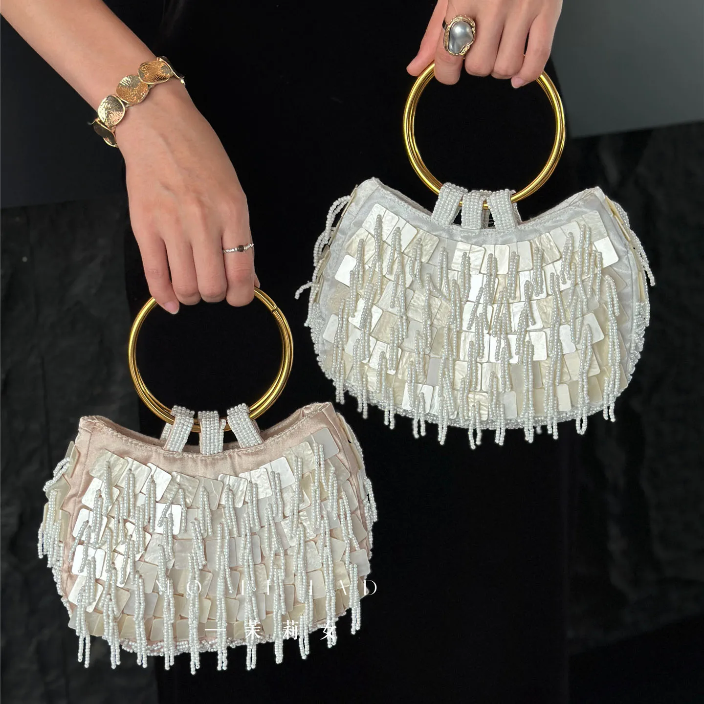 Elegant Beaded Tassel Ring Handle Handbag French Fashion Retro Shell Sequin Appliques Luxury Design Women's Evening Clutch Bag