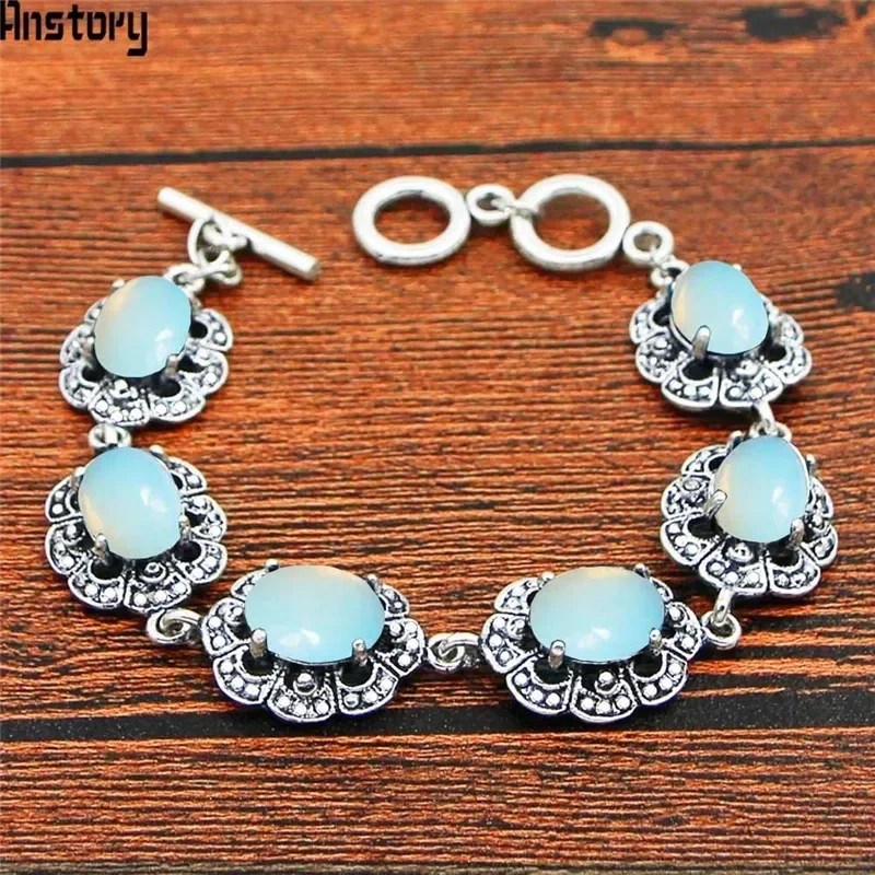 Oval Transparent Opal Flower Bracelet Vintage Look Antique Silver Plated Fashion Jewelry TB345