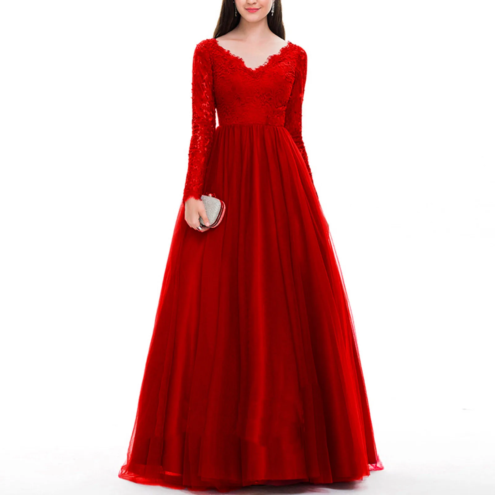 Abiti formali da donna elegante lungo pizzo trasparente ricamo manica scollo a V a-line abito rosso abiti da festa eleganti Vintage