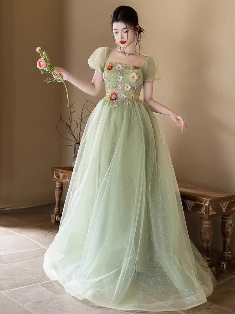 Zielona sukienka wieczorowa z kwadratowym dekoltem, lekka elegancja, krótkie rękawy, tiulowe sukienki na przyjęcia, eleganckie aplikacje, suknie na ceremonie dla dorosłych.