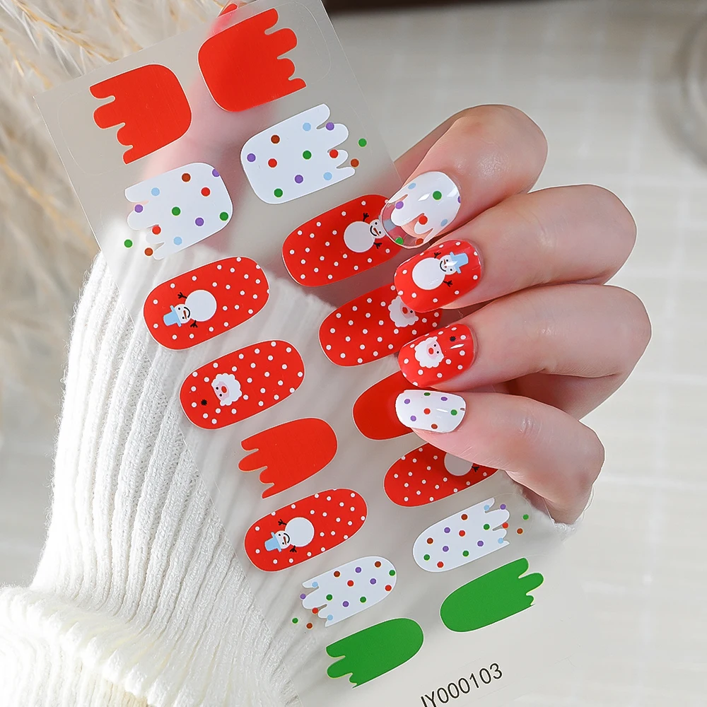 Autocollants pour ongles en Gel de noël, 1 feuille (16 embouts), dessin animé, flocons de neige, élan, cloche d'arbre Xma, couverture complète, enveloppes adhésives pour décoration d'ongles d'hiver