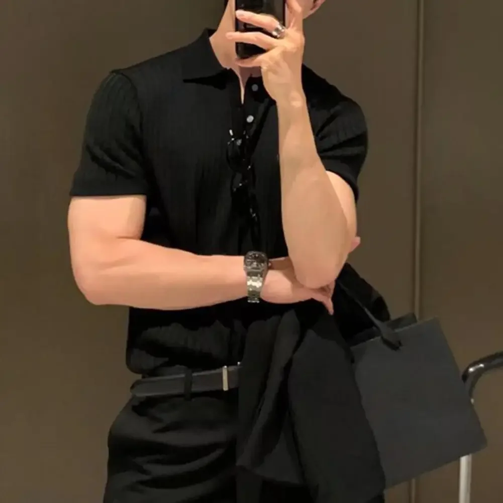 

Классическая мужская футболка, эластичная летняя рубашка с пуговицами, мужская летняя однотонная офисная футболка, универсальный