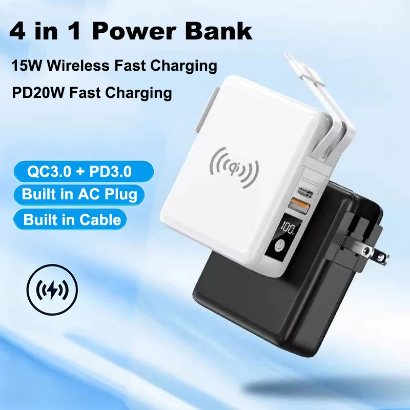 10000mAh Wireless Power Bank PD 20W Fast Charging Powerbank with Cable Plug Wall Charger for iPhone 16 Samsung Xiaomi Poverbank