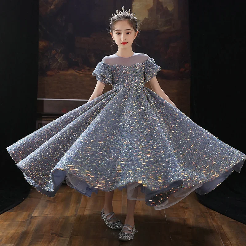 Wedding Formal Sequins Long Dress Girls Elegant Formal Ball Gown For Girls Child Party Prom Dress Princess Dress 2-14Y Christmas