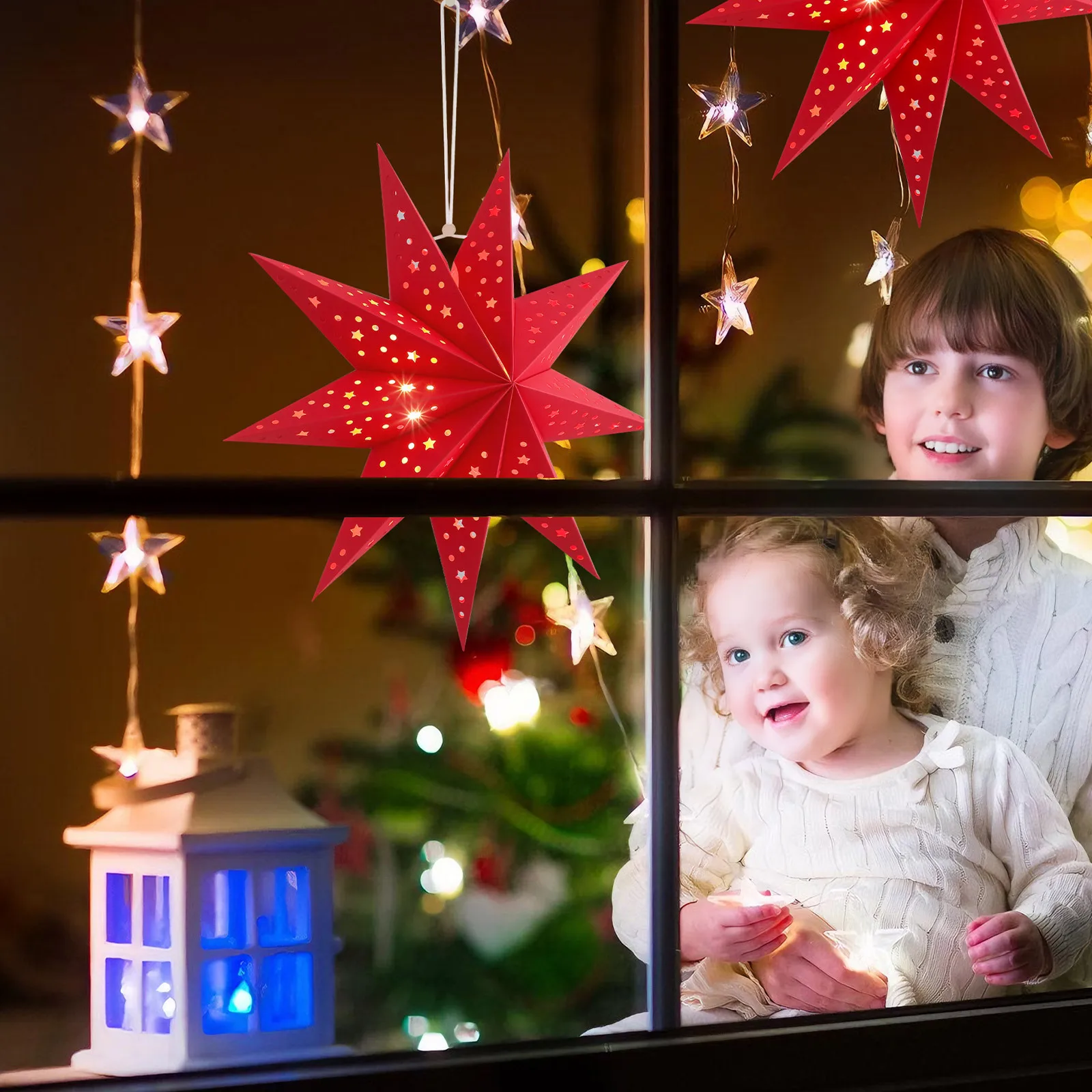 

NUOBESTY 3Pcs .77 Inch 8 Pointed Christmas Paper Star Lanterns Holiday Hanging Lampshades Festive Home Party Decor