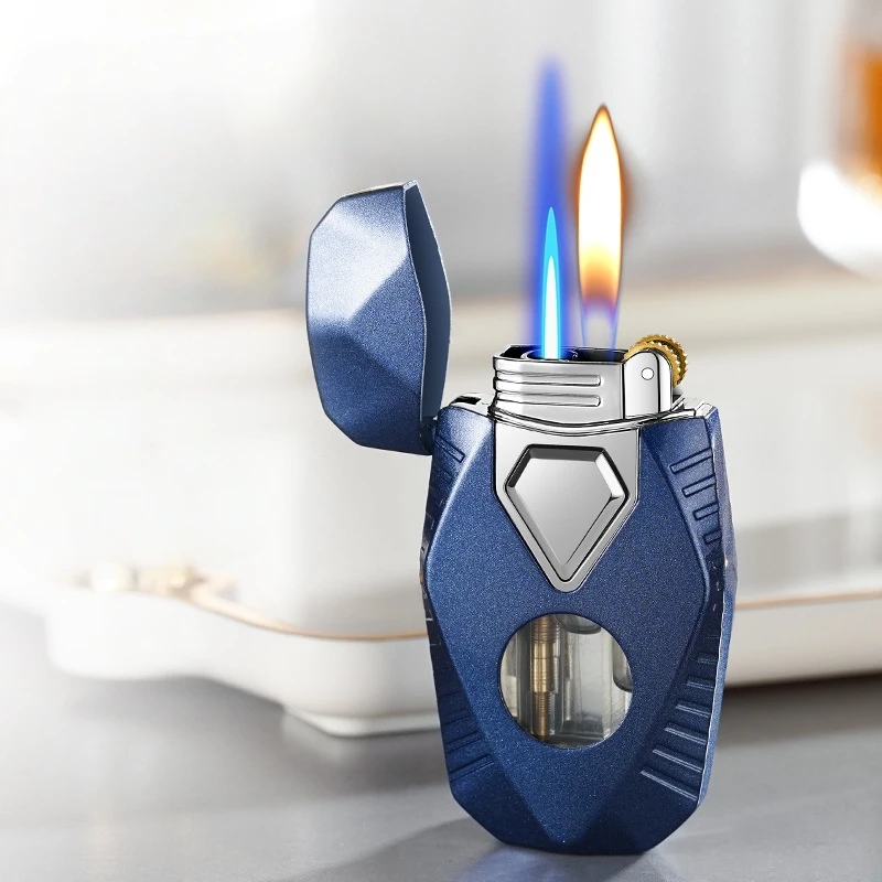 

New Diamond Diamond Double Flame Switching Metal Inflatable Windproof Lighter Transparent Gas Box Personalized Trendy Men's Gift