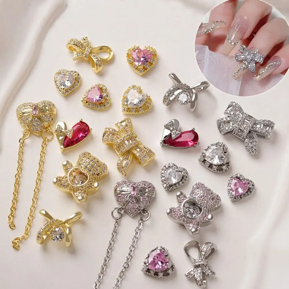 3D Luxury Gold Silver สีหมีโลหะผสม Zircon เล็บการตกแต่งศิลปะ Shiny Bow คริสตัลเล็บ Rhinestone เครื่องประดับ