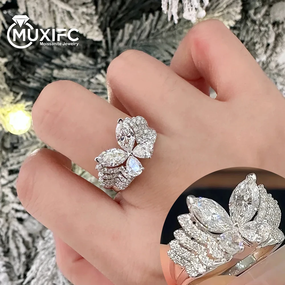 Luxury Butterfly 100% S925 Sterling Silver Engagement Ring for Women 5A Zircon Multi-layer High Carbon Diamond Wedding Band Gift