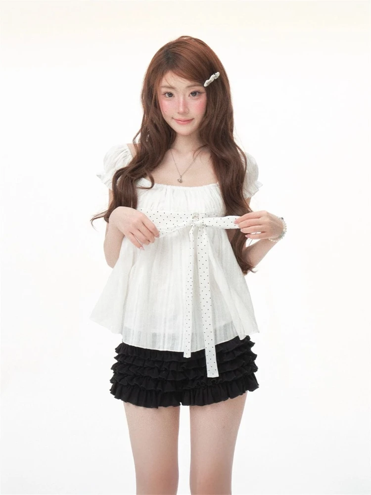 Cute Korean Fashion Polka Dot Bow Puff Sleeve White Black 2-piece Set Blouse Ruffle Shorts Women Girls Daily Streetwear Outfit - view 5