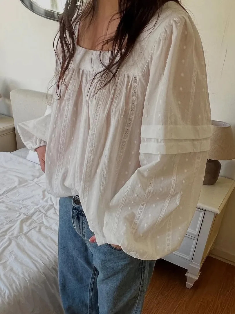 Slimming Effect  Knot White irt Women's Spring Loose Design Square Collarbone Highlighting Loose Fit Korean Sle Top