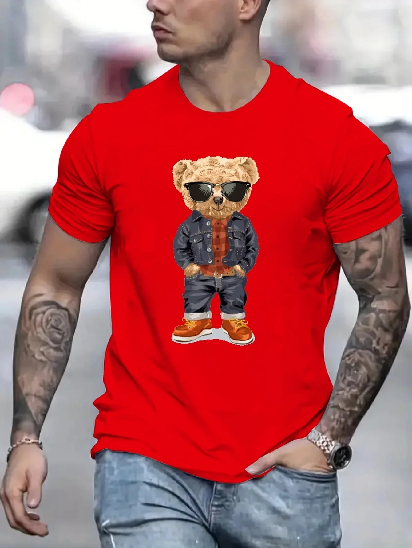 Cool Teddy Bear Men\'s Trendy T-shirt For Summer Outdoor, Casual Mid Stretch Crew Neck Tee Short Sleeve Graphic Stylish Top