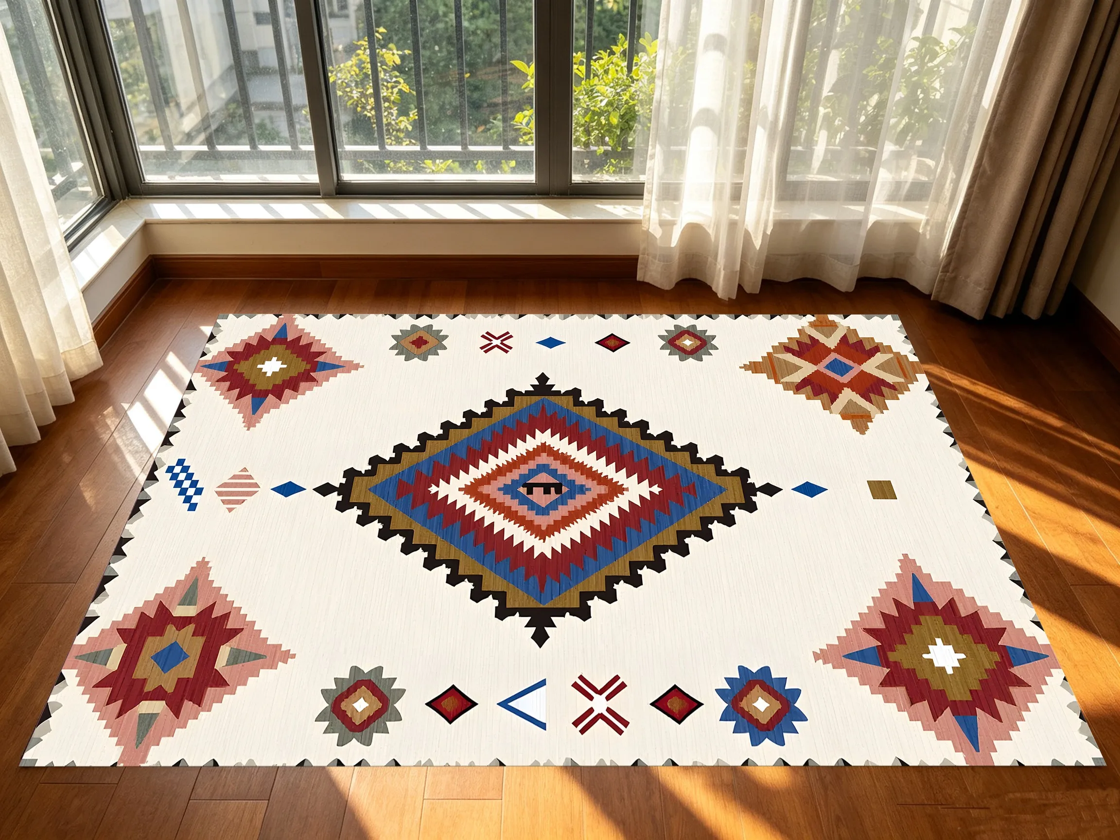 Bohemian Geometric Rhombus Ethnic Velvet Rug for Living Room, Coffee Table & Bedroom, Exotic Retro New Year Gift