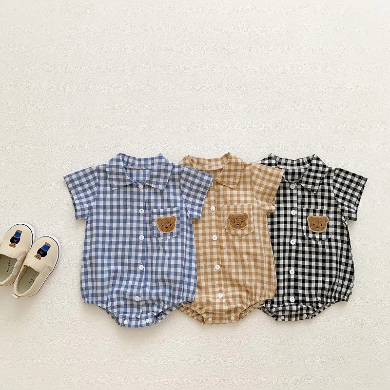 INS Summer Baby Boy Romper 0-24Months Newborn Bodysuit Short Sleeve Turn Down Collar Cartoon Bear Pocket Plaid Playsuit Clothes