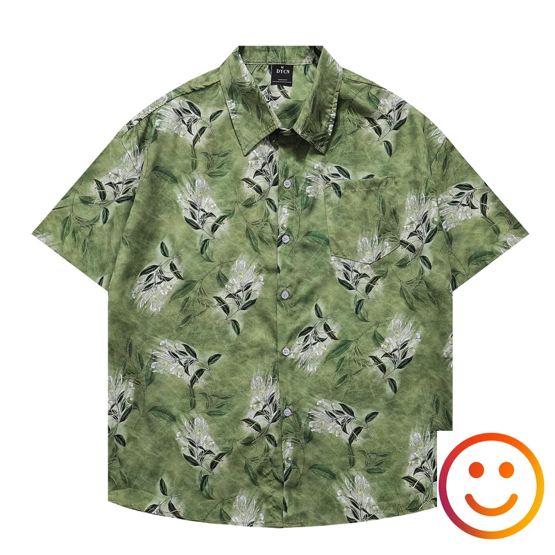 

2024 Green Flower Print Shirts Summer Men Women High Quality Loose Thin Hawaii Beach Short Sleeve Clothes