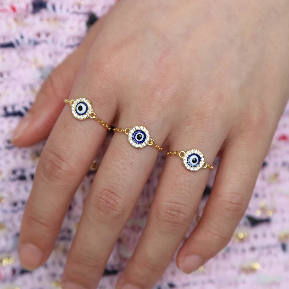 Round disco bluel enamel turkish evil eye charm chain ring cheap wholesale fashion finger rings