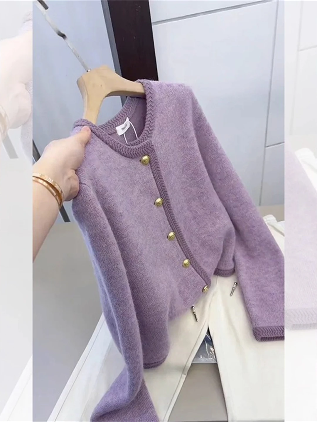 Ele Purple Lazy round Ne Knitted Open Cardigan Women's Top Soft Fraance Sle Super Beautiful Sweater Jaet for Autu...