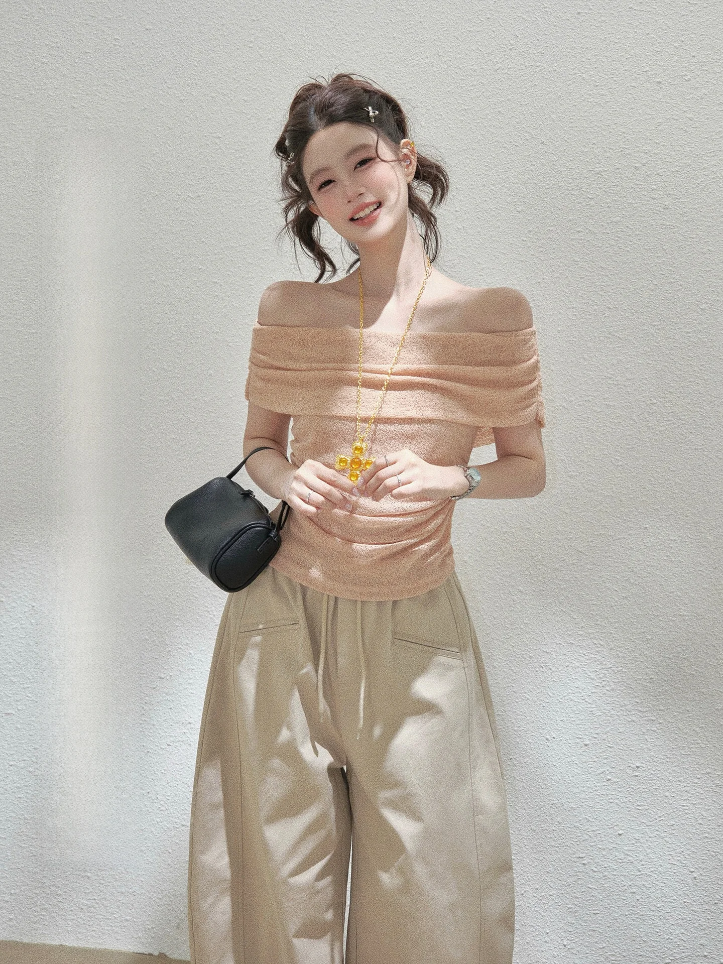 

Shoulder Bared Slim Fit Short Sleeve T Shirt Women's Summer Korean Style Thin Design Sensation Shoulder Top
