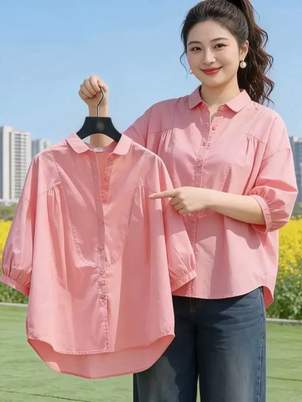 

Pink Cotton Shirt Women's Loose Seven Sleeve Shirt Summer Artistic Versatile Top Pleated Design Casual Style Spring Collection