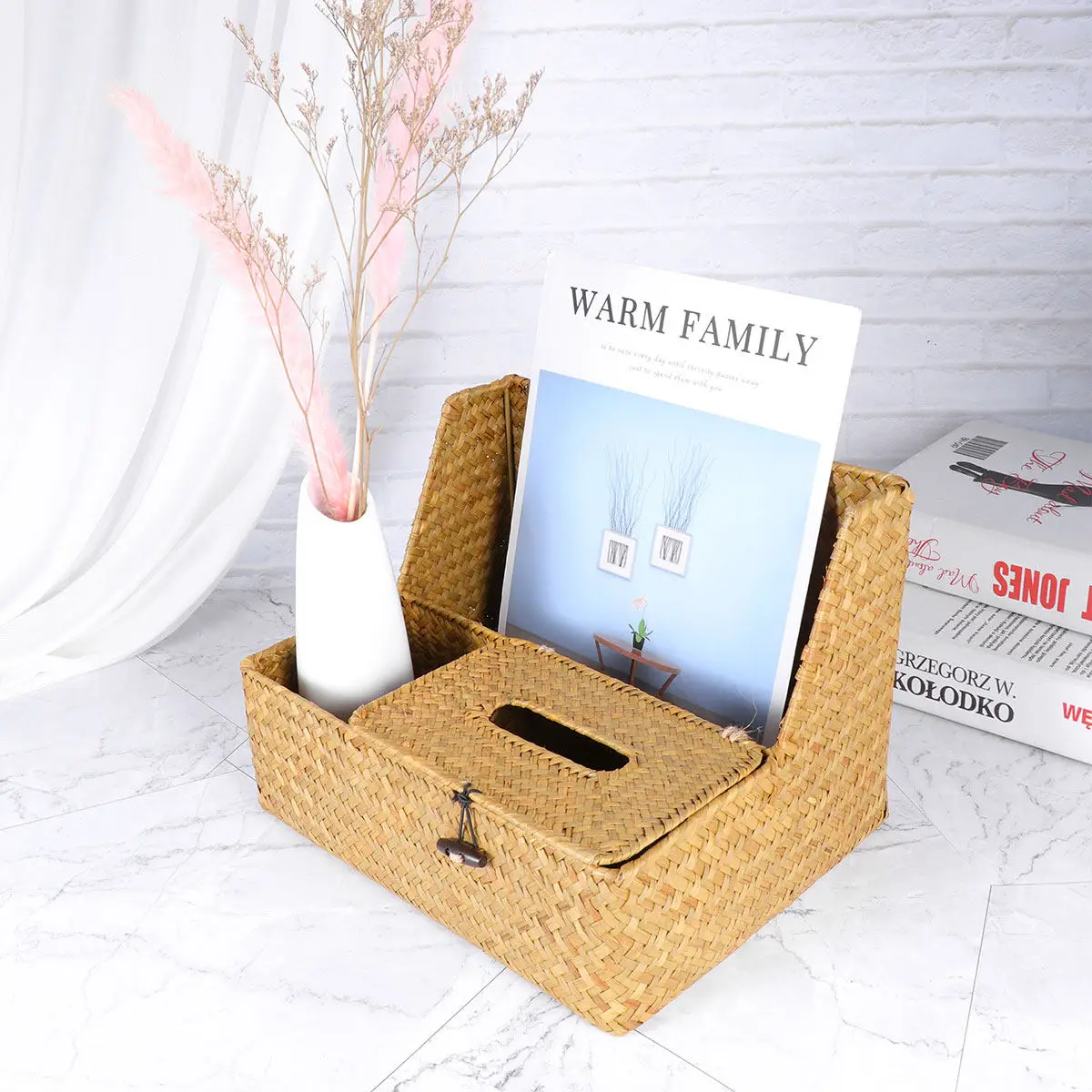

Hand-Woven Natural Seaweed Tissue Box with Lid and Snap Button for Car Bathroom Office Toilet Dustproof Bacteria Resistant