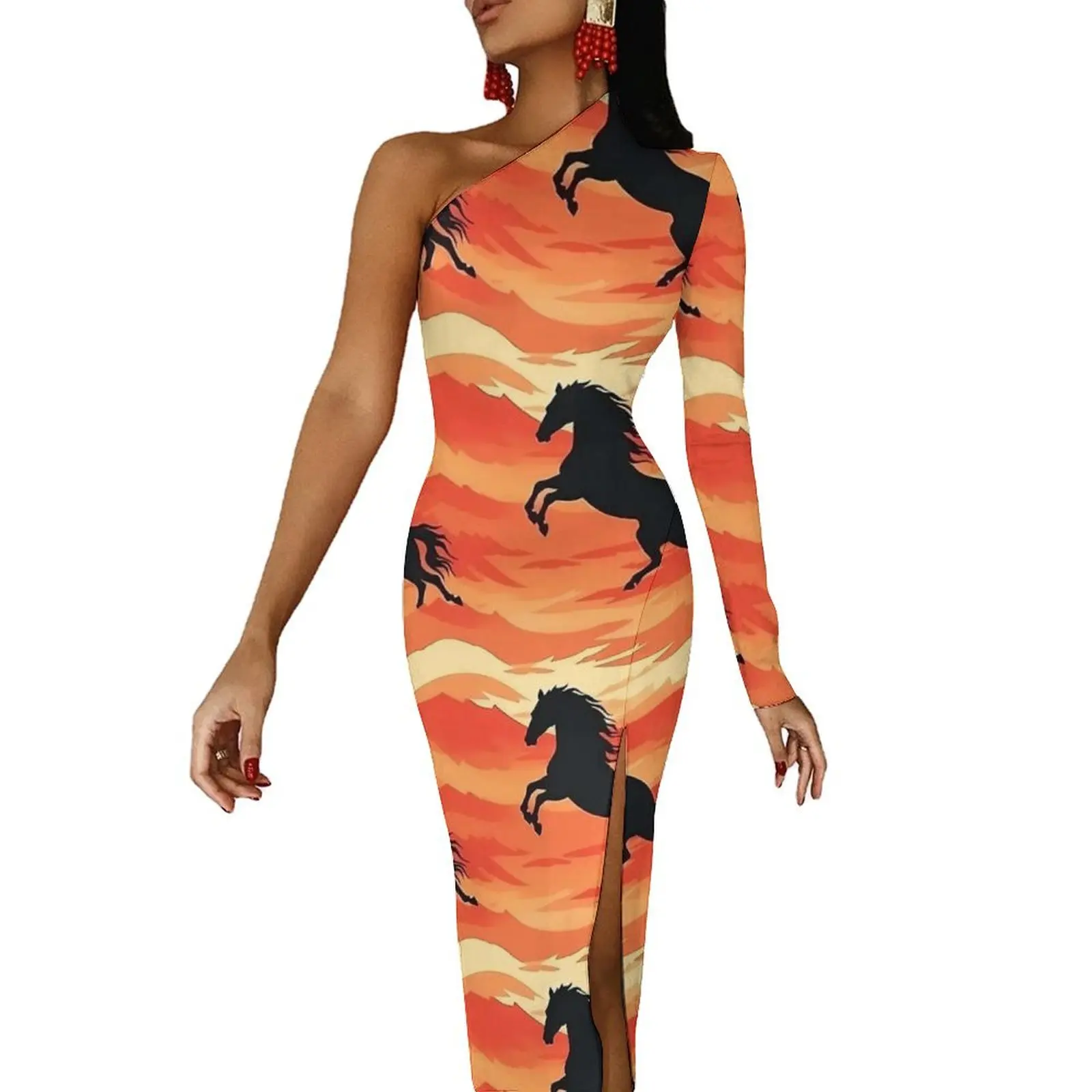 Fire Horse Bodycon Dress Female Retro Horse Love Club Maxi Dress One Shoulder Street Wear Graphic Dresses Gift