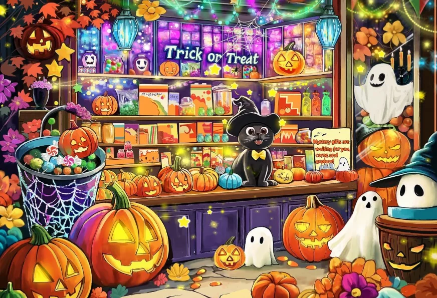 Jigsaw Puzzle 500/1000/1200/2000PCS Halloween Sweet Store Black Cat Witch Hat Candy Bucket Pumpkin Lantern Friendly Ghost Gift