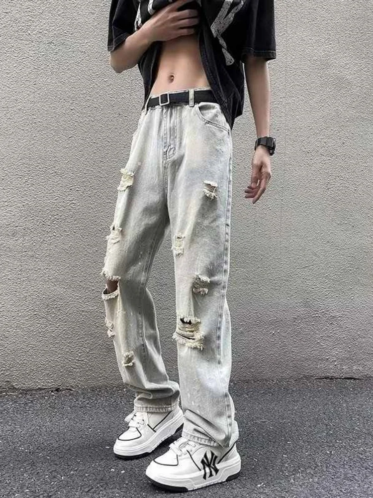 

Waed Distred Men's Jeans American High Street Hip Hop Pants Spring Autumn Slim Straight Long Trousers Casual Cotton Denim
