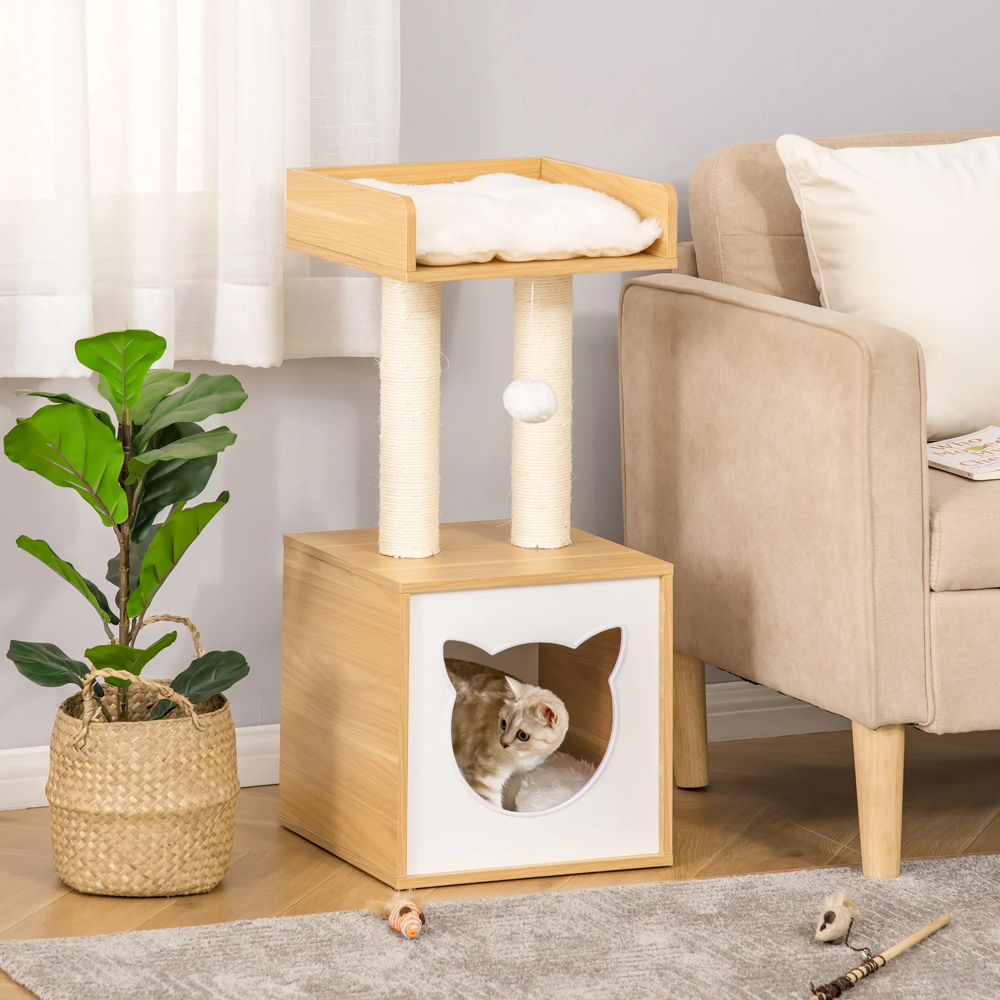 PawHut kattenboom met krabpaal, klimtoren, schuilplaats, nis voor kat, hangend platform voor hoge ballen, 81 cm