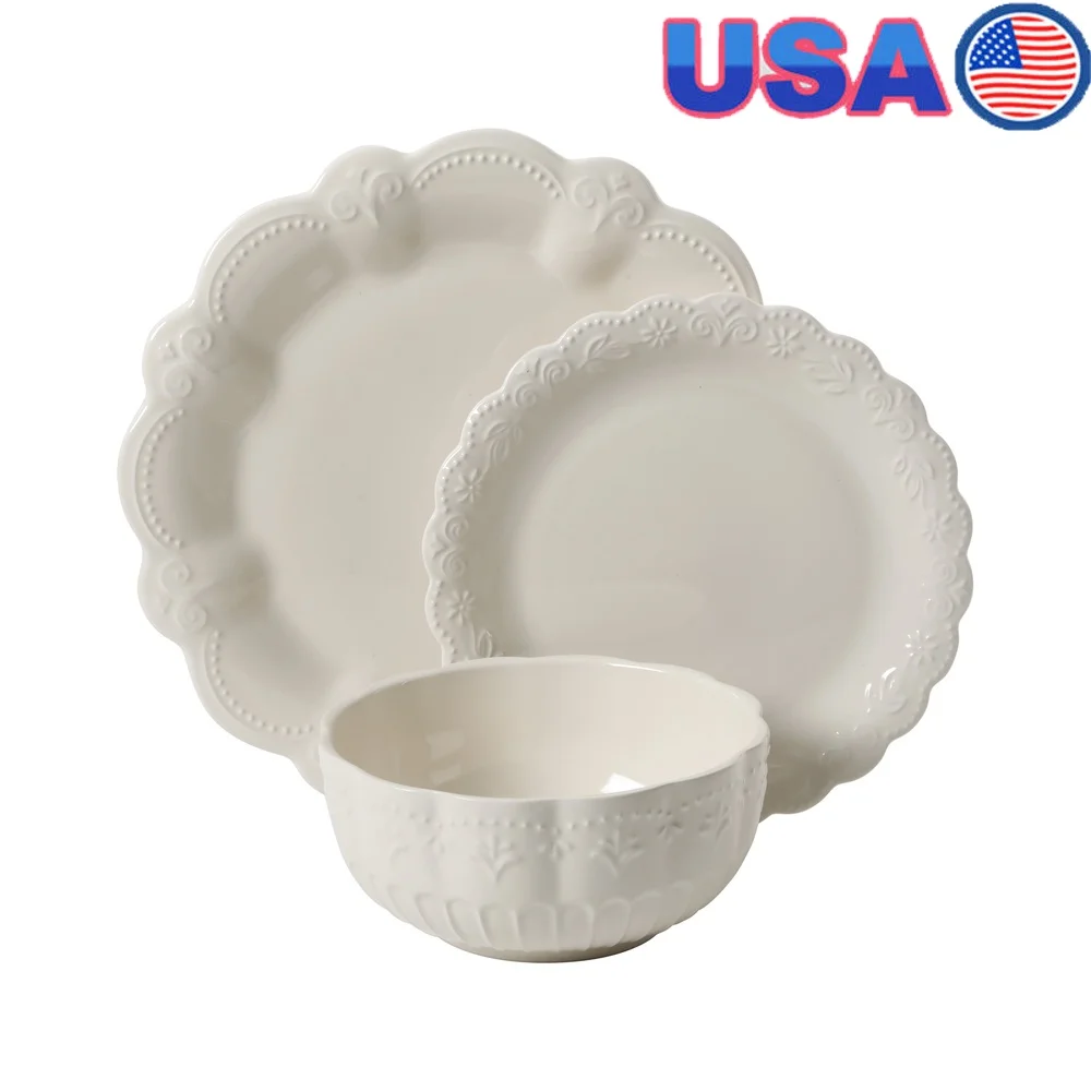 

Toni 12-Piece Dinnerware Set Scalloped Rims Stoneware Plates Bowls Dishwasher Microwave Safe Everyday Dining Parties