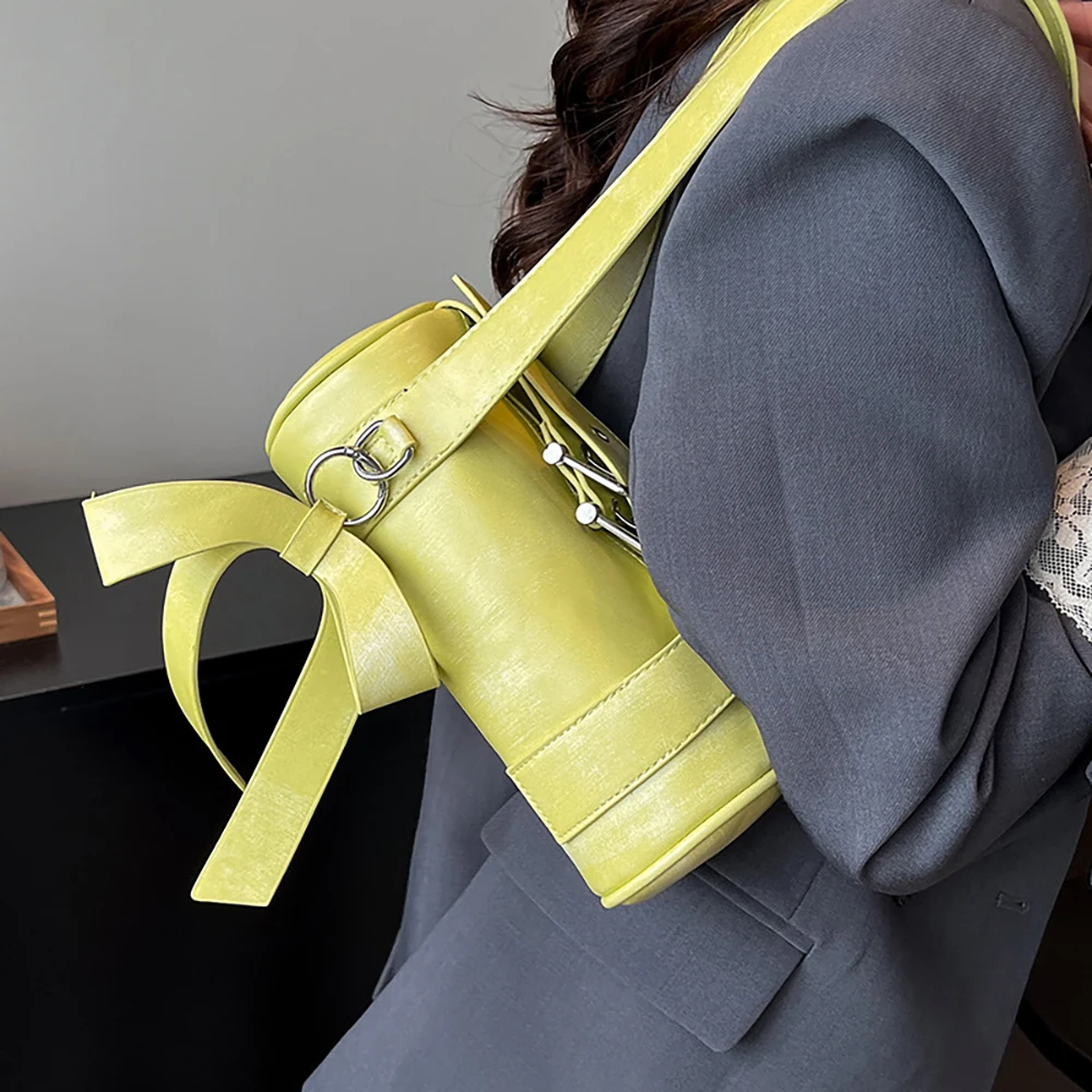 

Уникальные сумки на плечо в форме бочонка для женщин, изысканная сумка с бантом под мышками, летние зеленые женские сумки из искусственной кожи, универсальные сумки-ведра ﻿