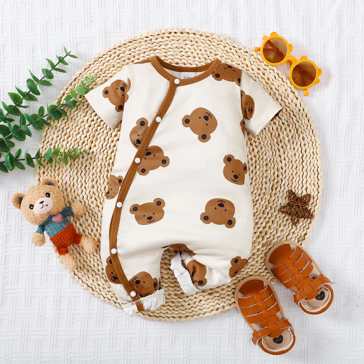 Summer Newborn Infant Baby Boys Romper Bear Print Short Sleeve Button Up Front Rompers Kids Onepiece Baby Suit