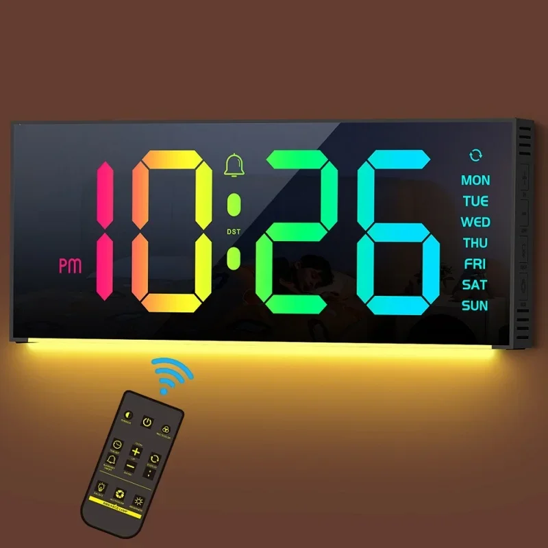 

Remote Control Large Digital Wall Clock with 13 RGB Mood Light Night Mode Table Clock 12/24H DST LED Alarm Clock for Living Room