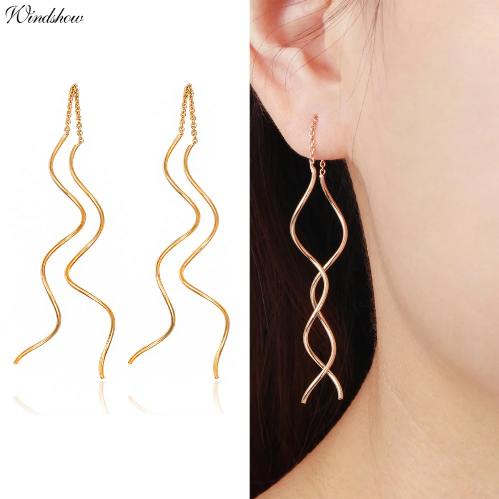 Doppia Faccia di Colore Oro Bianco Onda Infila Attraverso Catena Ciondola Goccia Nappa Orecchini Lunghi Per I Monili Delle Donne Ragazze Aros oorbellen