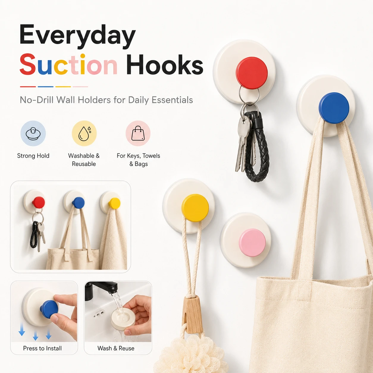 Home Bathroom Key - Gancio a ventosa resistente e colorato,