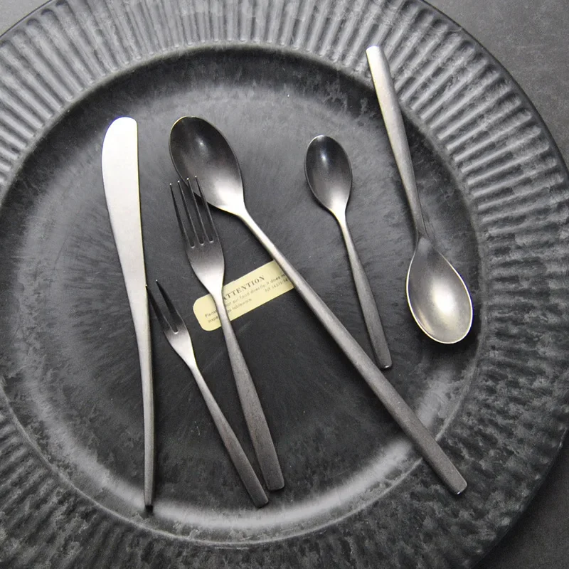 Ahunderjiaz-Retro Frosted Silver Stainless Steel Kitchen Cutlery Set, Knife, Fork, Spoon, Photography Props, Premium Quality