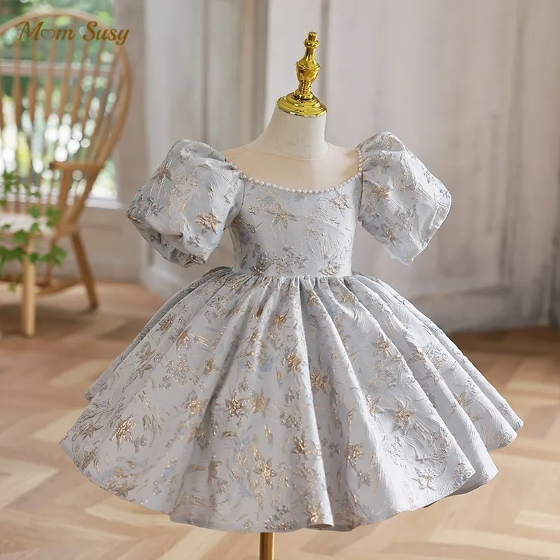 

Baby Girl Princess Pearl Beading Satin Dress Puff Sleeve Child Vintage Vestido Party Pageant Birthday Frocks Baby Clothes 1-10Y