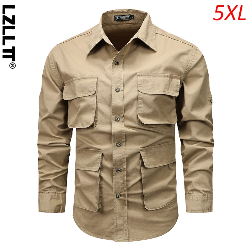 Spring Autumn Men Cargo Cotton Long Sleeve Shirts Mans Casual Multi Pocket Vintage Shirts Male Outdoor Streetwear Blouses Shirts