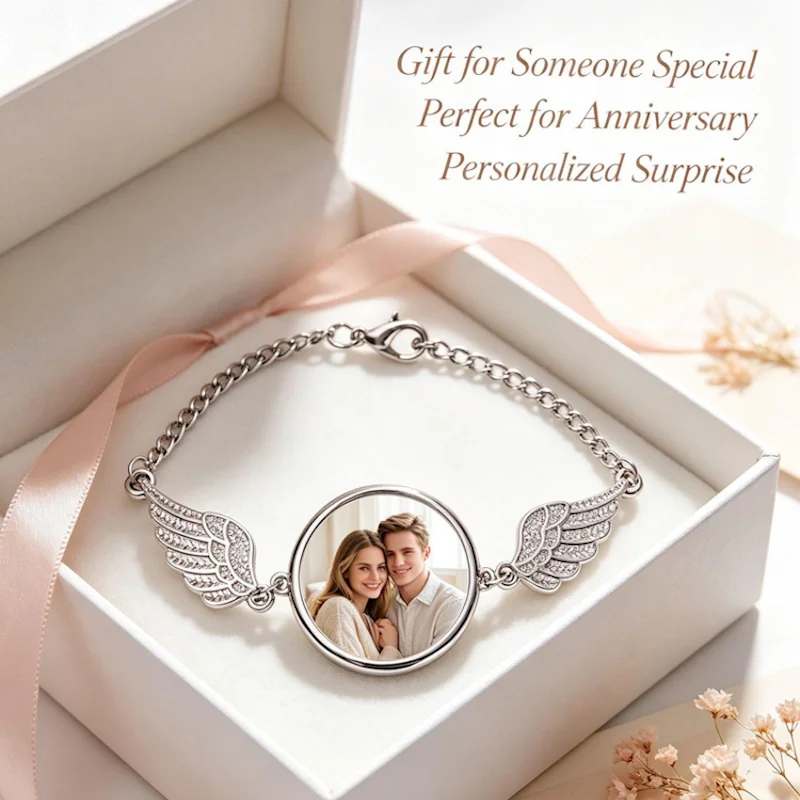 Personalised photo/text angel wings bracelet round pendant adjustable bracelet keepsake jewellery gift for women, lovers, mums