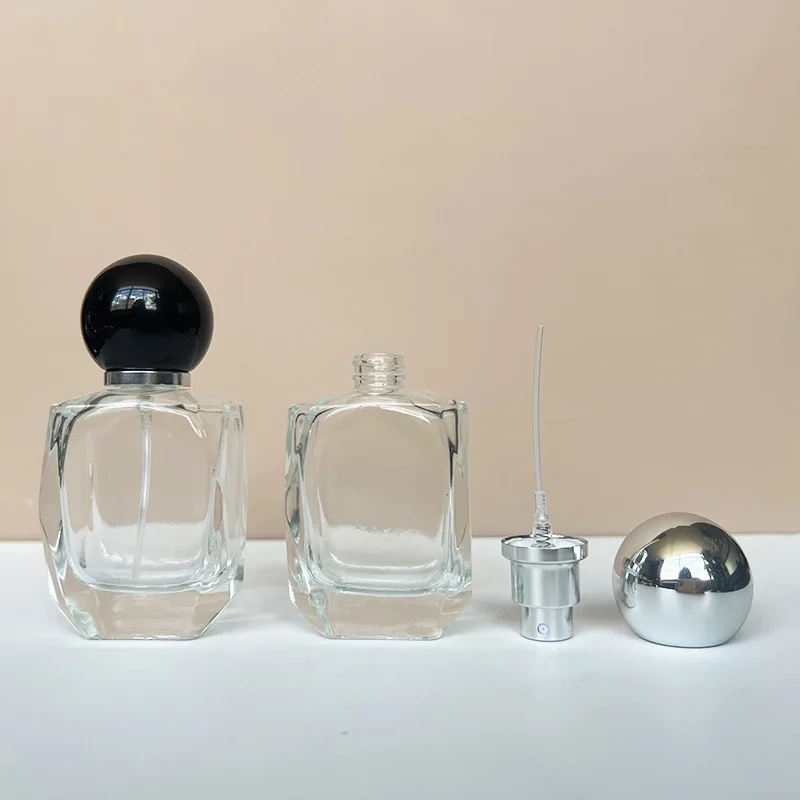 30ml pusta przezroczysta szklana butelka z rozpylaczem czarna srebrna czarna pokrywka kulowa pompa śrubowa atomizuj kosmetyczne butelki perfum wielokrotnego napełniania